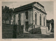 Postkarte von der Synagoge in Prenzlau, die am 10.11.1938 von den Nationalsozialisten abgebrannt wurde. 