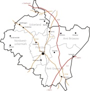 Karte der Gemeinde Prenzlau, mit den umliegenden Gemeinden